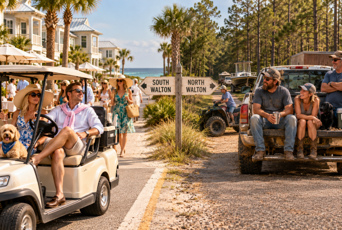 South Walton luxury beach lifestyle contrasted with North Walton trucks, fishing, and country living