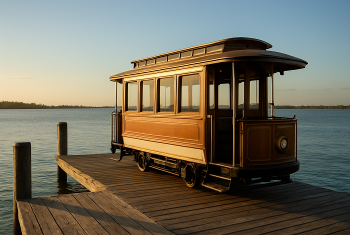 AI-generated fictional editorial scene illustrating: Local Yacht Owners Demand Heated Dockside Tram to Preserve Nautical Elegance