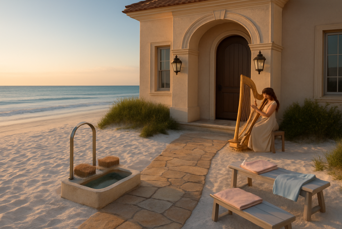 AI-generated fictional editorial scene illustrating: Upscale Beachfront Home Features 17-Step Entry Ritual to Preserve Sand Exclusivity