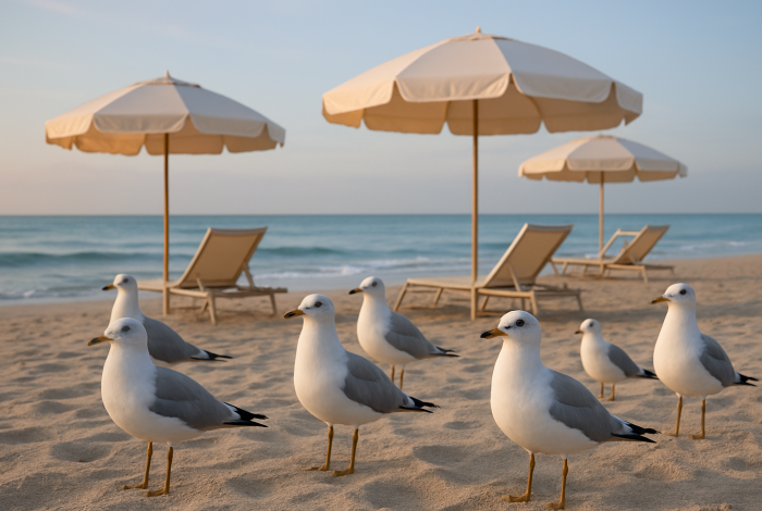 An upscale Florida coastal beach scene with elegant beach umbrellas and a group of seagulls gathered near the shore, exhibiting regal postures, no identifiable people