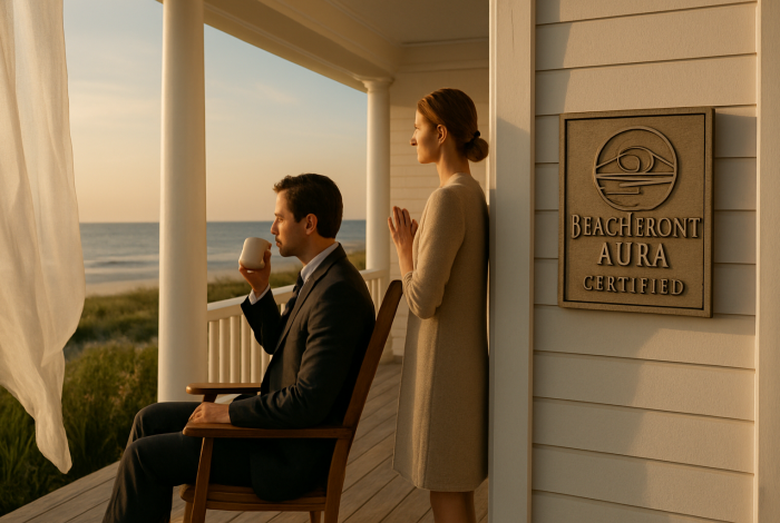 Photorealistic editorial-style photograph of a luxurious Florida coastal neighborhood at golden hour, showcasing elegant beachfront homes with manicured dunes, a well-dressed couple performing a serene
