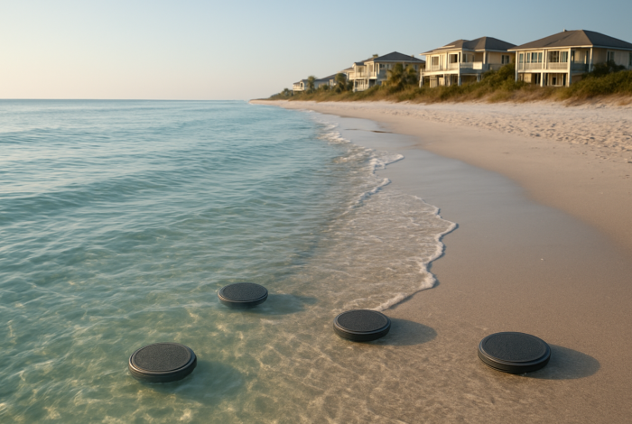 A pristine Florida coastline with gentle waves, an array of small underwater speakers subtly visible beneath clear water, upscale beach houses in the background, early