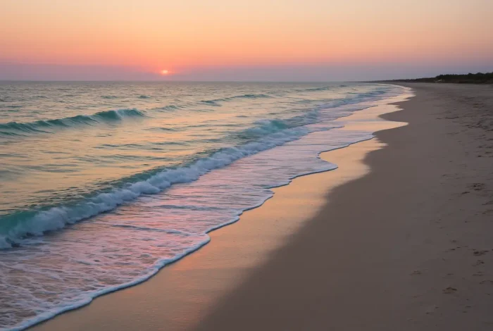 Photorealistic Florida coastal image featuring a calm Gulf of Mexico shoreline at sunset, with subtle colored lighting illuminating waves in pastel tones, empty sandy beach