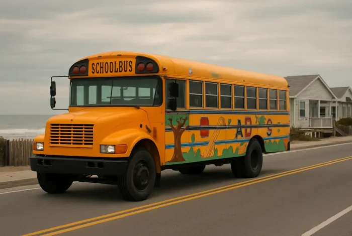 A colorful school bus painted with educational murals driving slowly along a coastal Florida road lined with modest affordable beachside homes, overcast sky with gentle